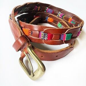 Rainbow Boho Woven Genuine Leather Belt Cognac Small Medium Genuine Leather